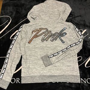 Victoria's Secret Pink Sequin Bling Gray Hoodie Gold Dog and Gold and Blue Logo
